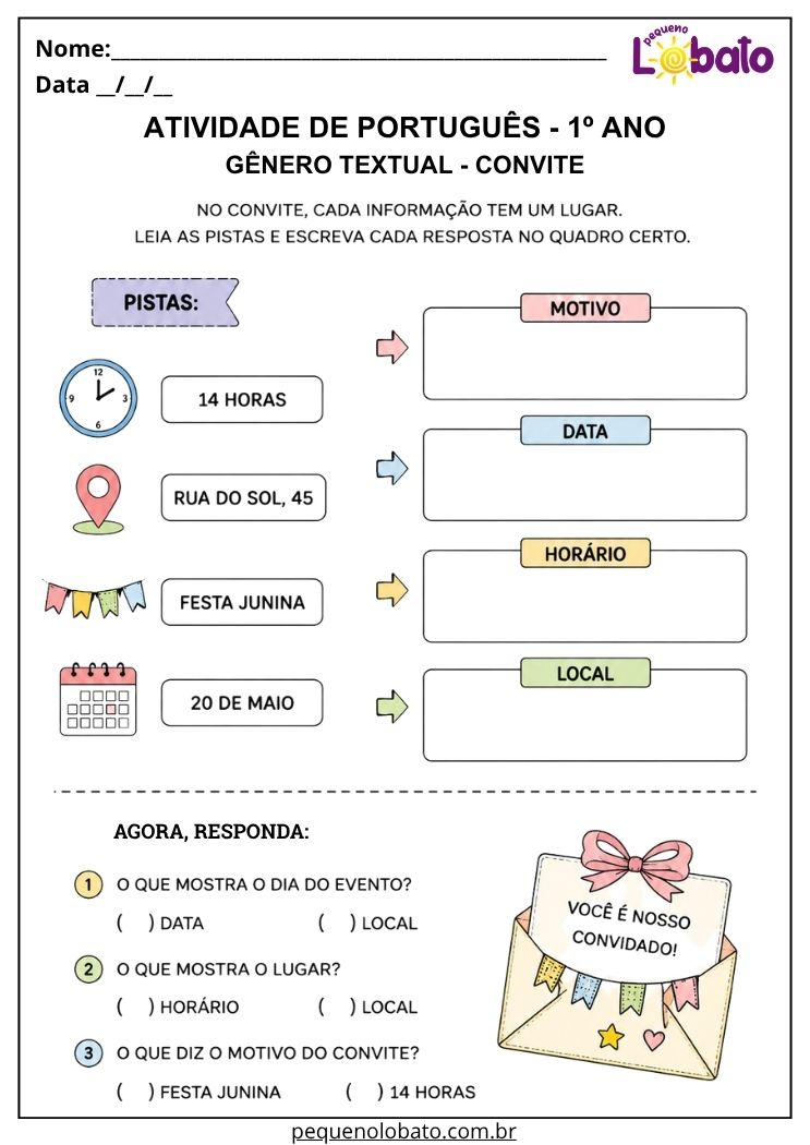 Atividade de Português 1º ano com gênero textual convite de festa junina para identificar motivo, data, horário e local