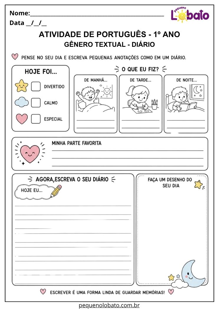 Atividade de Português 1º ano com gênero textual diário para registrar acontecimentos do dia, sentimentos e memórias
