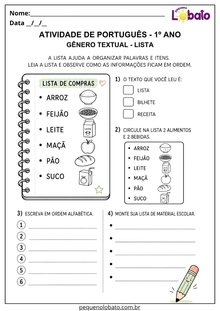 Atividade de Português 1º ano com gênero textual lista de compras para organizar palavras e montar lista de material escolar