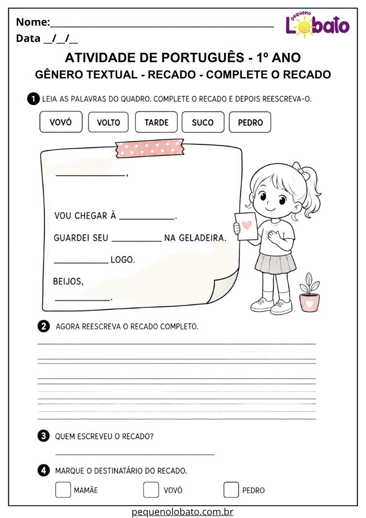 Atividade de Português 1º ano com gênero textual recado para completar palavras, reescrever a mensagem e identificar remetente e destinatário