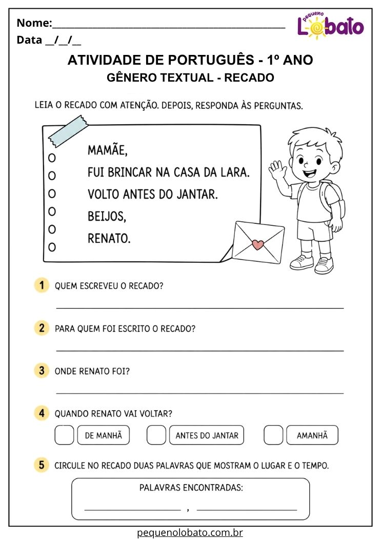 Atividade de Português 1º ano com gênero textual recado para localizar informações de lugar, tempo e destinatário