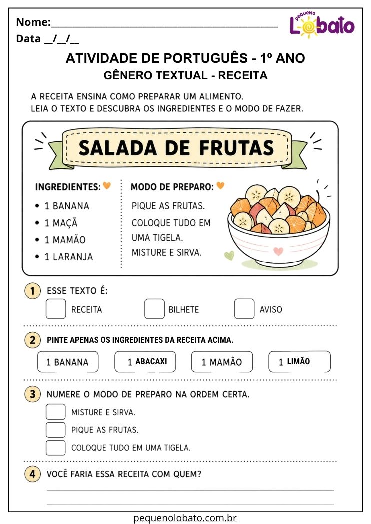 Atividade de Português 1º ano com gênero textual receita de salada de frutas para identificar ingredientes e ordenar o modo de preparo