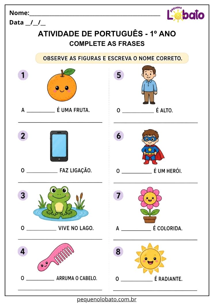 Atividade de Português 1º ano com imagens de frutas, animais e objetos para completar frases simples