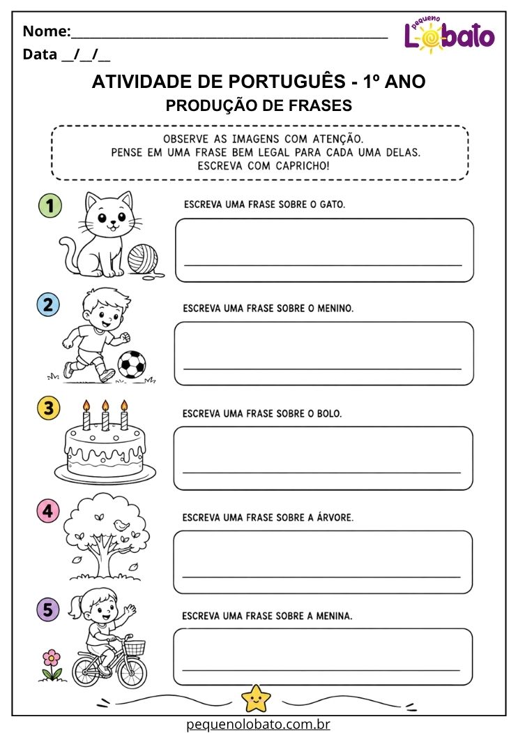 Atividade de Português 1º ano com imagens para escrever frases sobre gato, menino, bolo, árvore e menina