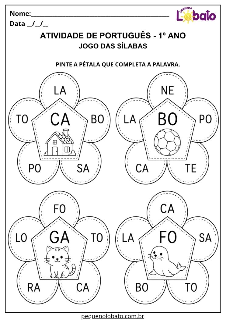 Atividade de Português 1º ano com jogo das sílabas para completar palavras e desenvolver percepção sonora