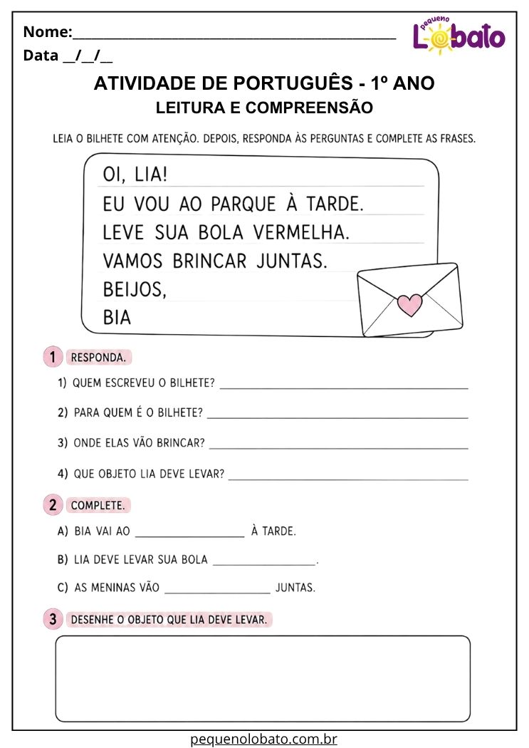 Atividade de Português 1º ano com leitura de frases para compreender bilhete simples e completar informações