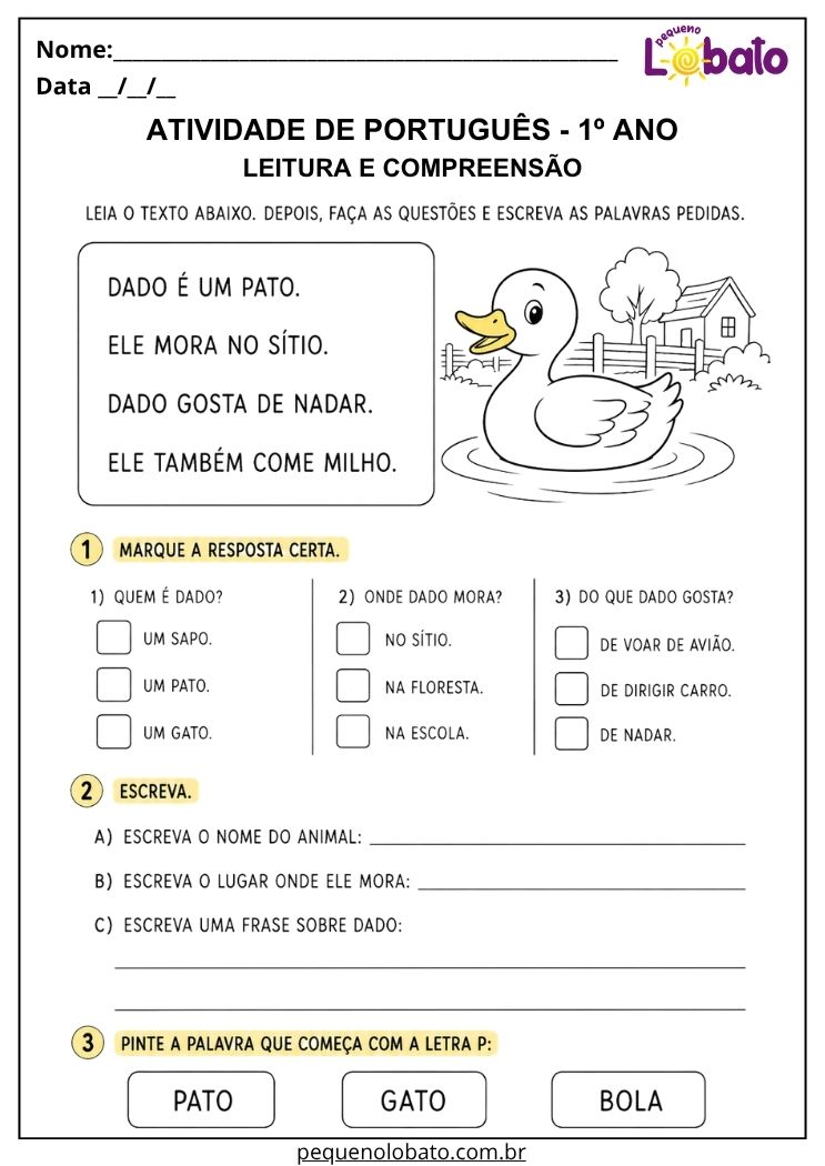 Atividade de Português 1º ano com leitura de frases para desenvolver compreensão, localizar informações e escrever respostas