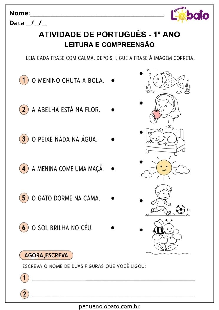 Atividade de Português 1º ano com leitura de frases para relacionar enunciados e imagens do cotidiano