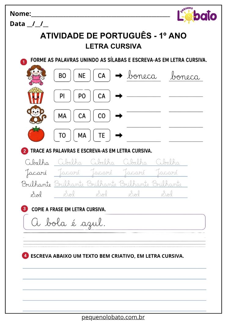 Atividade de Português 1º ano com letra cursiva para formar palavras, copiar frases e desenvolver a escrita cursiva