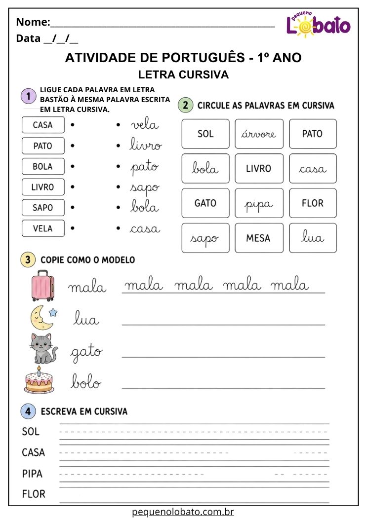 Atividade de Português 1º ano com letra cursiva para relacionar palavras, reconhecer grafias e praticar a escrita