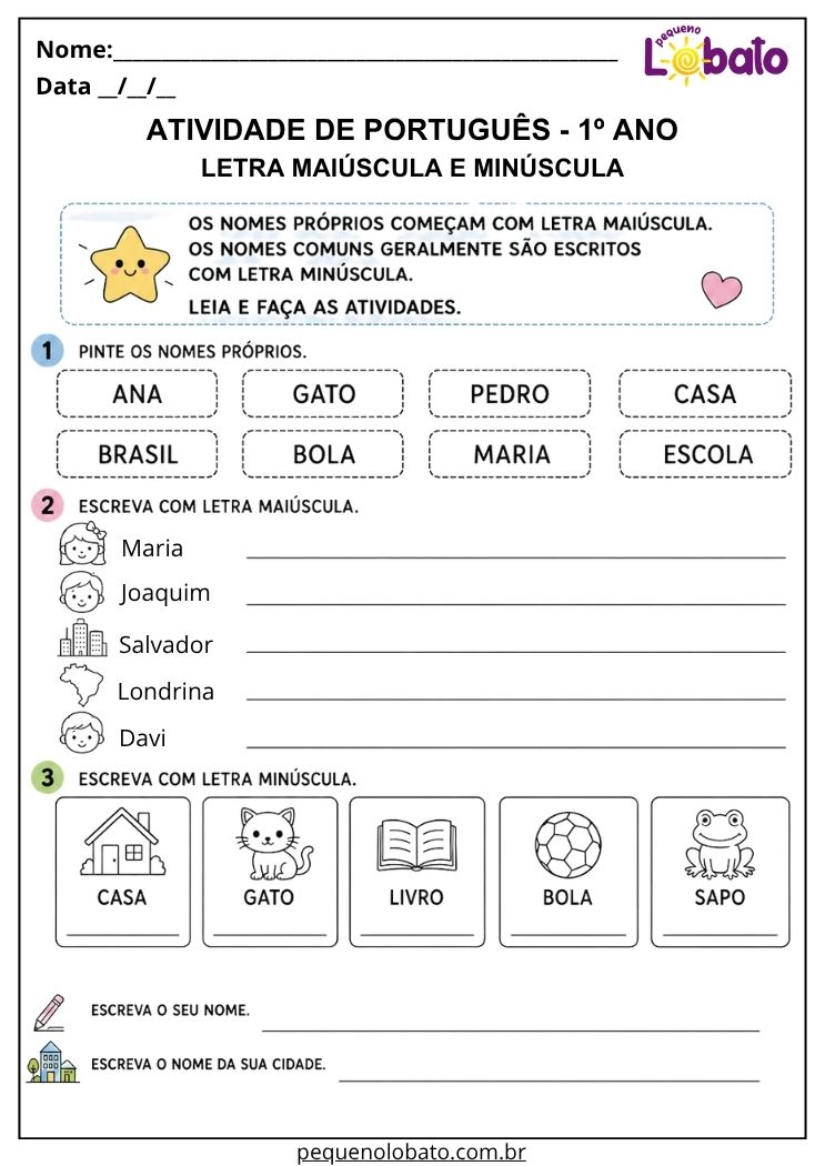 Atividade de Português 1º ano com letra maiúscula e minúscula para diferenciar nomes próprios e nomes comuns