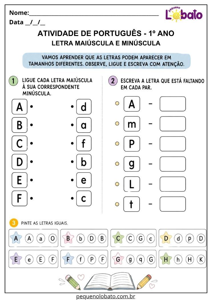 Atividade de Português 1º ano com letra maiúscula e minúscula para relacionar diferentes formas de escrita das letras