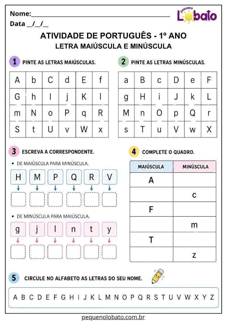 Atividade de Português 1º ano com letras maiúsculas e minúsculas para identificar, comparar e completar correspondências