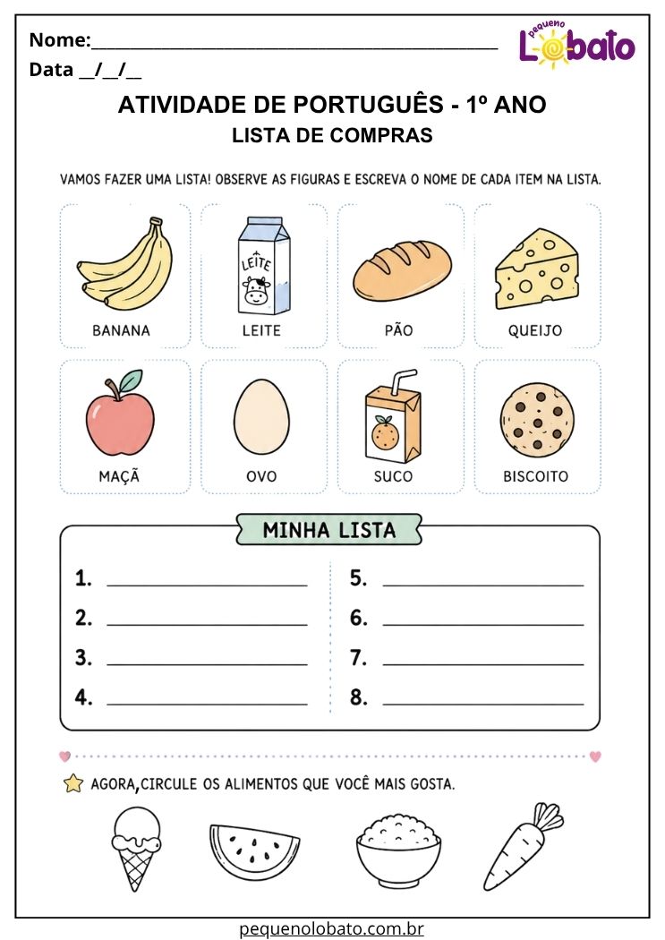Atividade de Português 1º ano com lista de compras ilustrada para escrever nomes de alimentos e organizar itens