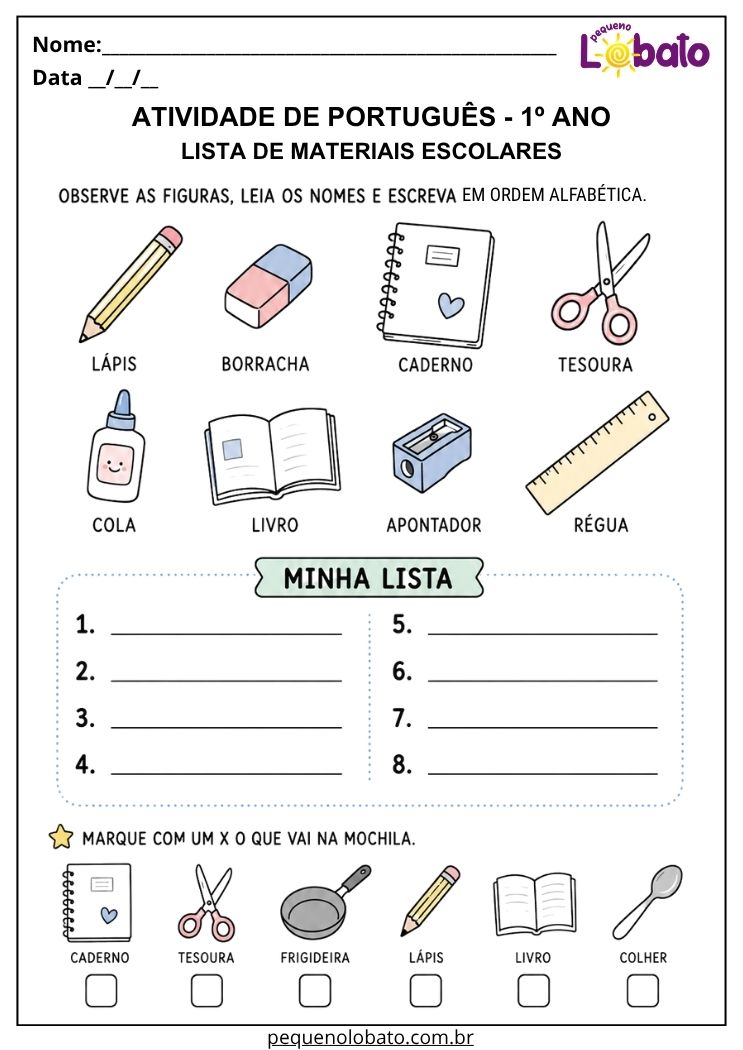 Atividade de Português 1º ano com lista de materiais escolares para ordenar palavras e identificar itens da mochila