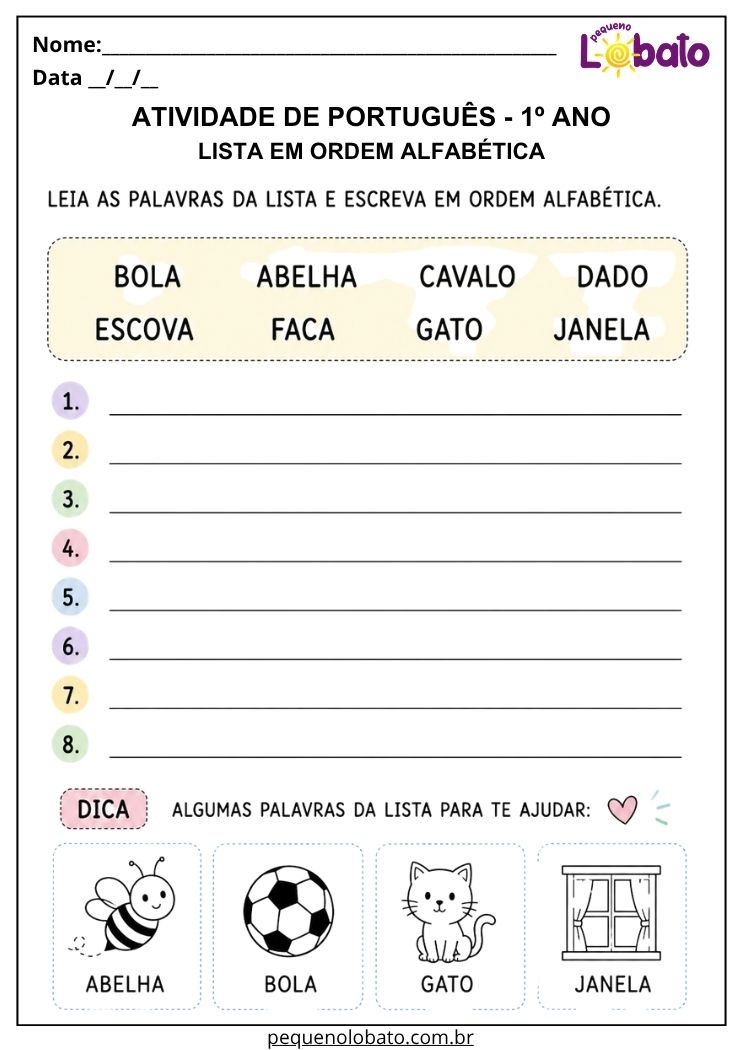 Atividade de Português 1º ano com lista em ordem alfabética para organizar palavras e reconhecer letras iniciais
