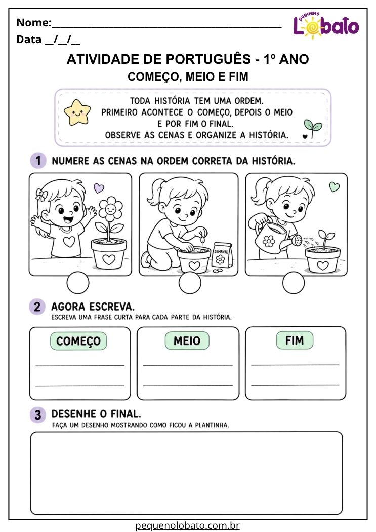 Atividade de Português 1º ano com ordem da história e plantinha para numerar cenas e escrever começo, meio e fim