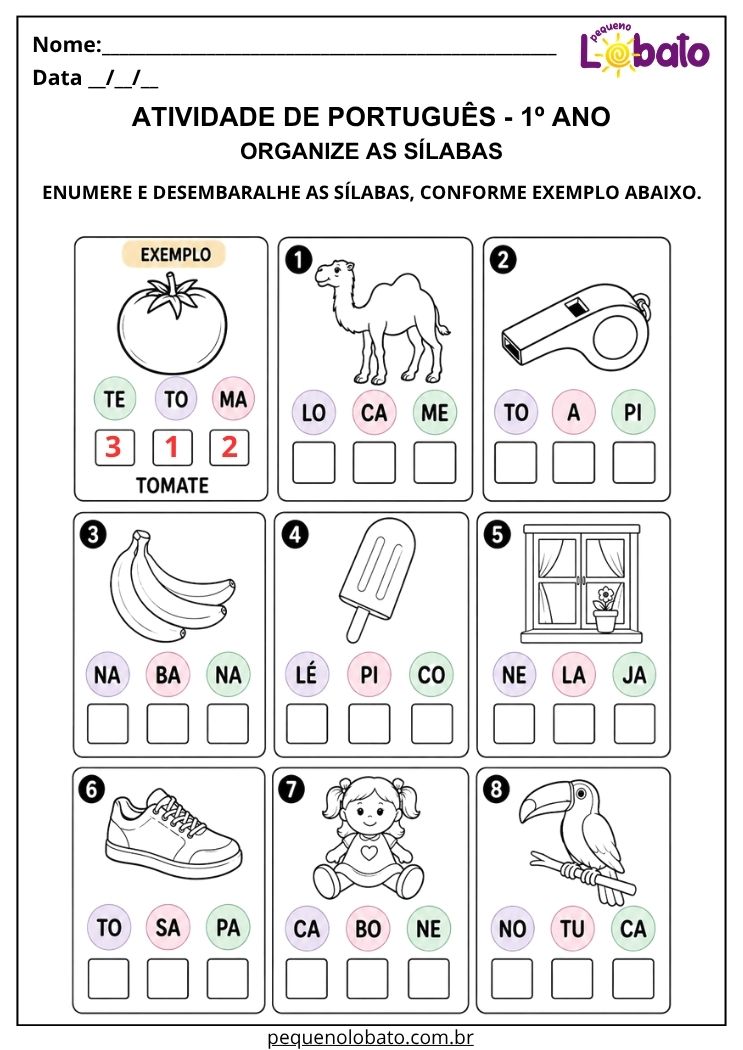 Atividade de Português 1º ano com organização de sílabas para desembaralhar partes e escrever palavras completas
