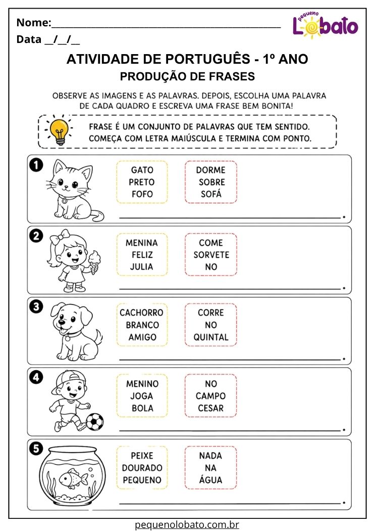 Atividade de Português 1º ano com quadros de palavras para formar frases e desenvolver escrita com sentido