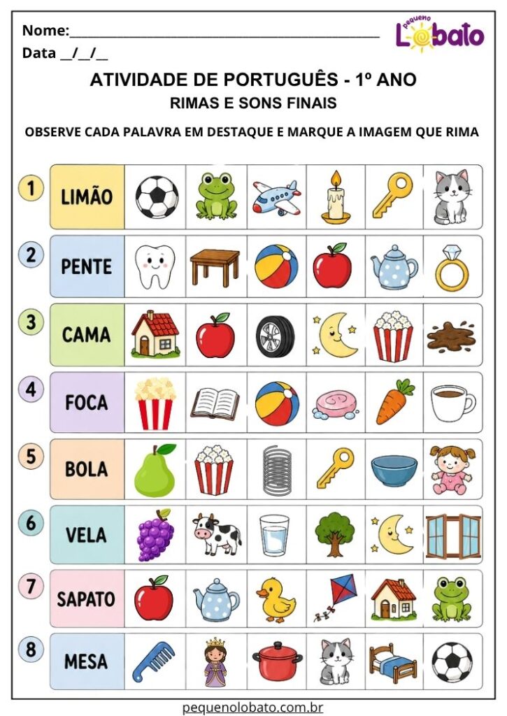 Atividade de Português 1º ano com rimas e sons finais para associar palavras e imagens com terminação semelhante