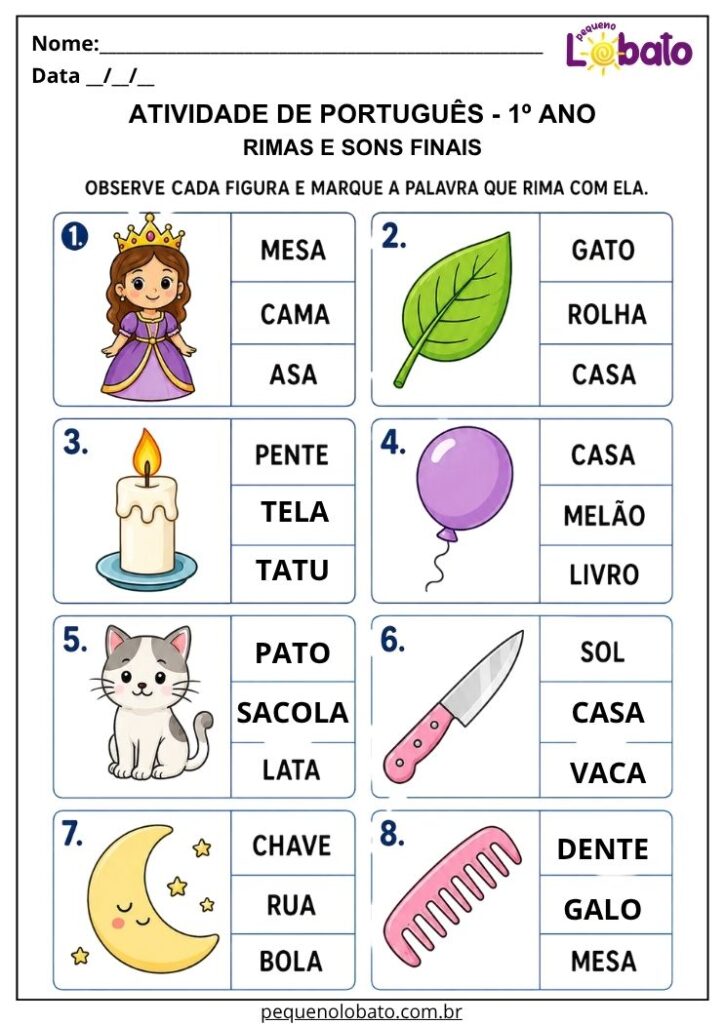 Atividade de Português 1º ano com rimas e sons finais para desenvolver percepção auditiva e reconhecer pares que rimam