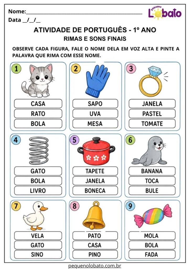 Atividade de Português 1º ano com rimas e sons finais para observar imagens e identificar a palavra com som parecido