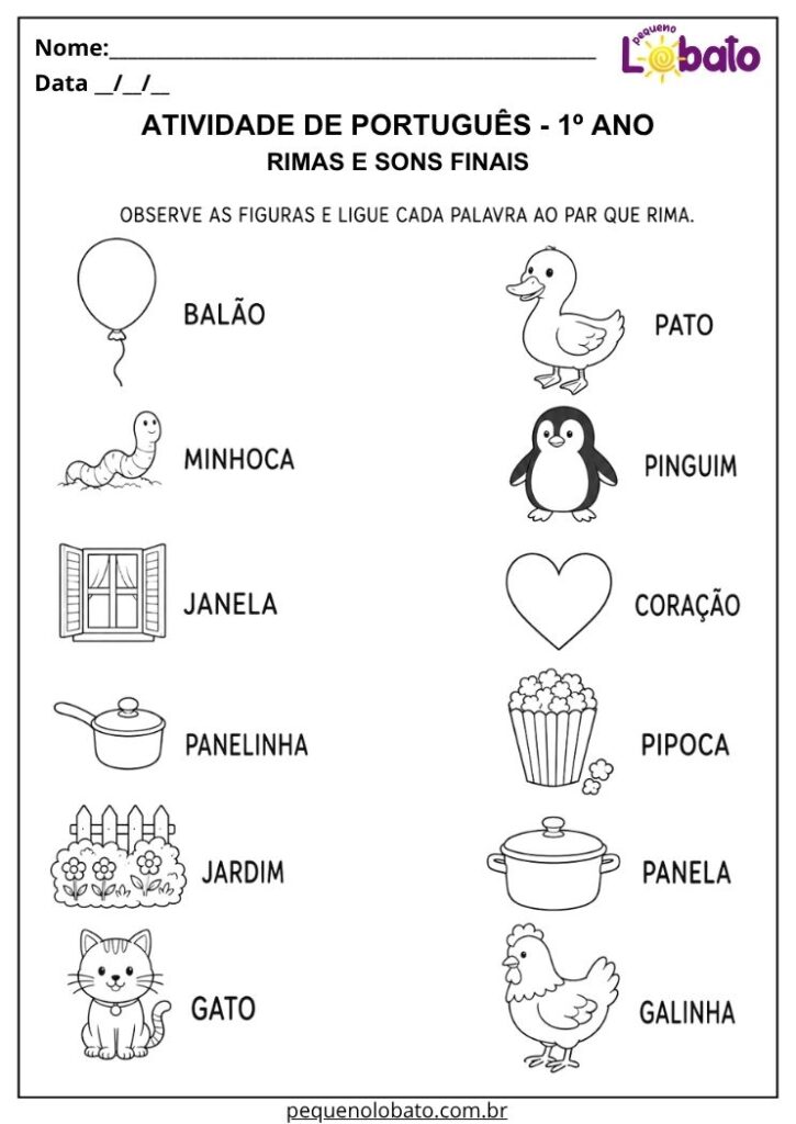 Atividade de Português 1º ano com rimas e sons finais para relacionar figuras e reconhecer palavras que rimam