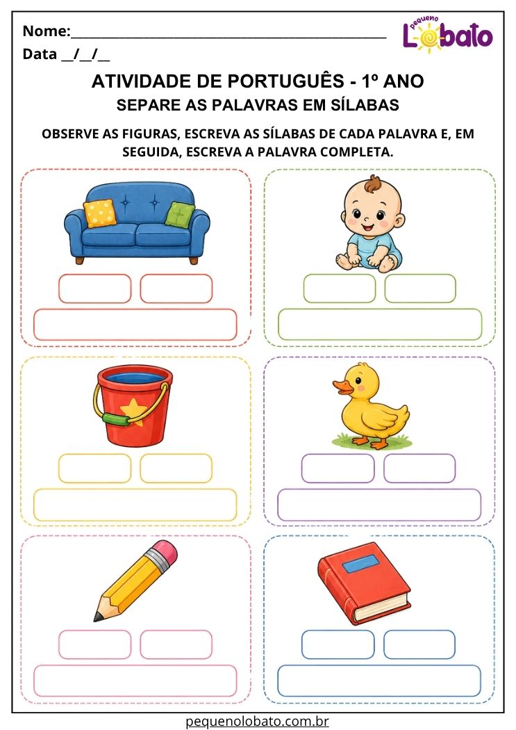 Atividade de Português 1º ano com separação de palavras em sílabas para desenvolver consciência silábica e escrita