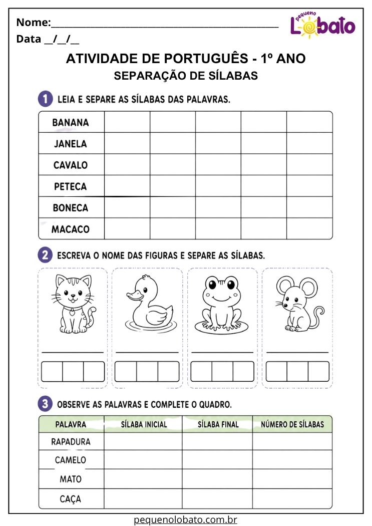 Atividade de Português 1º ano com separação de sílabas para identificar sílaba inicial, final e número de sílabas