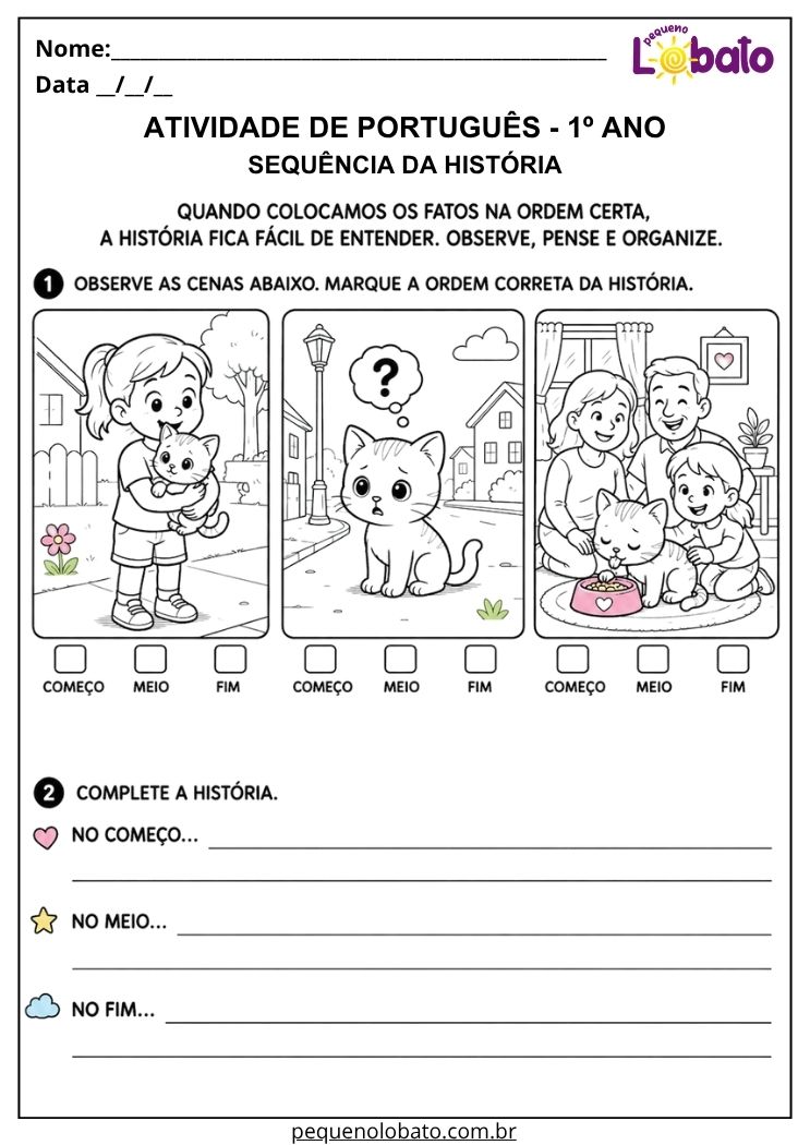 Atividade de Português 1º ano com sequência da história do gatinho para marcar começo, meio e fim e completar o enredo