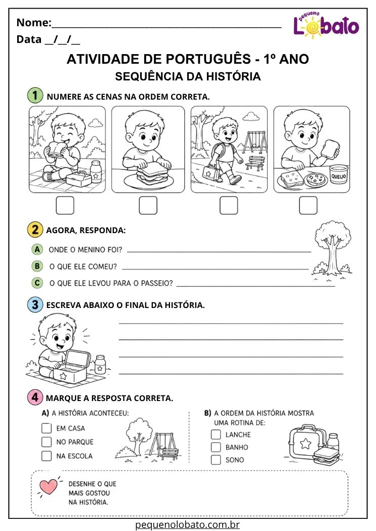 Atividade de Português 1º ano com sequência da história e passeio no parque para organizar cenas e criar um final