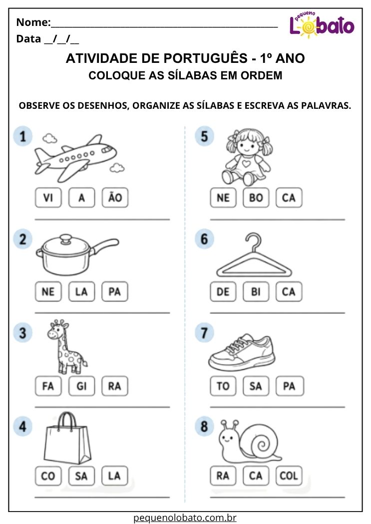 Atividade de Português 1º ano com sílabas embaralhadas para organizar partes e formar palavras corretamente