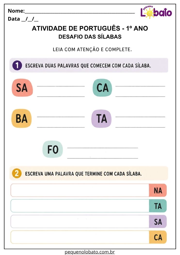 Atividade de Português 1º ano com sílabas iniciais e finais para ampliar vocabulário e formar novas palavras