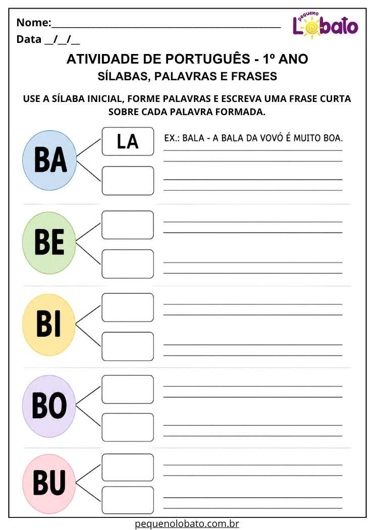 Atividade de Português 1º ano com sílabas, palavras e frases para formar palavras e produzir frases curtas