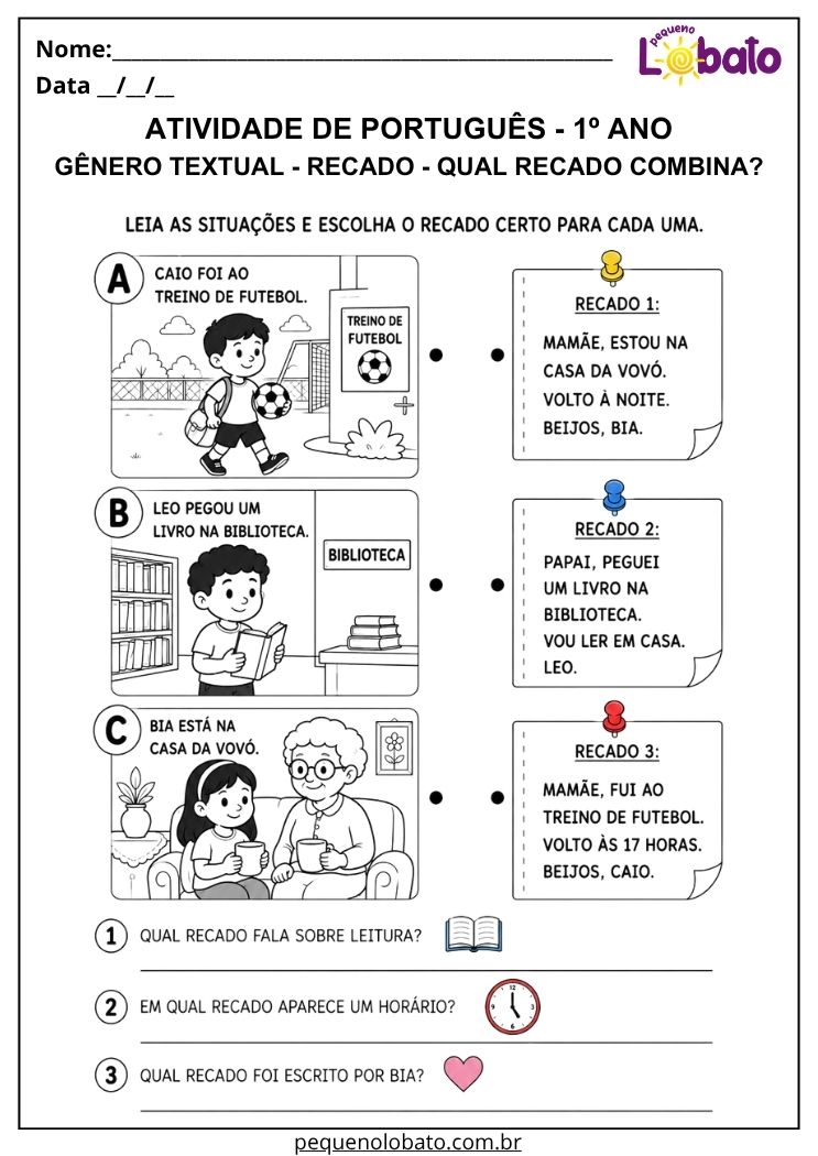 Atividade de Português 1º ano com situações do cotidiano para ligar cada personagem ao recado correspondente