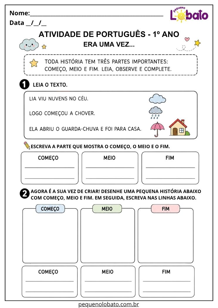 Atividade de Português 1º ano com texto curto para identificar começo, meio e fim e criar uma nova história
