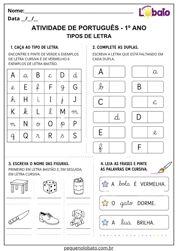 Atividade de Português 1º ano com tipos de letra para completar letras e escrever palavras em bastão e cursiva