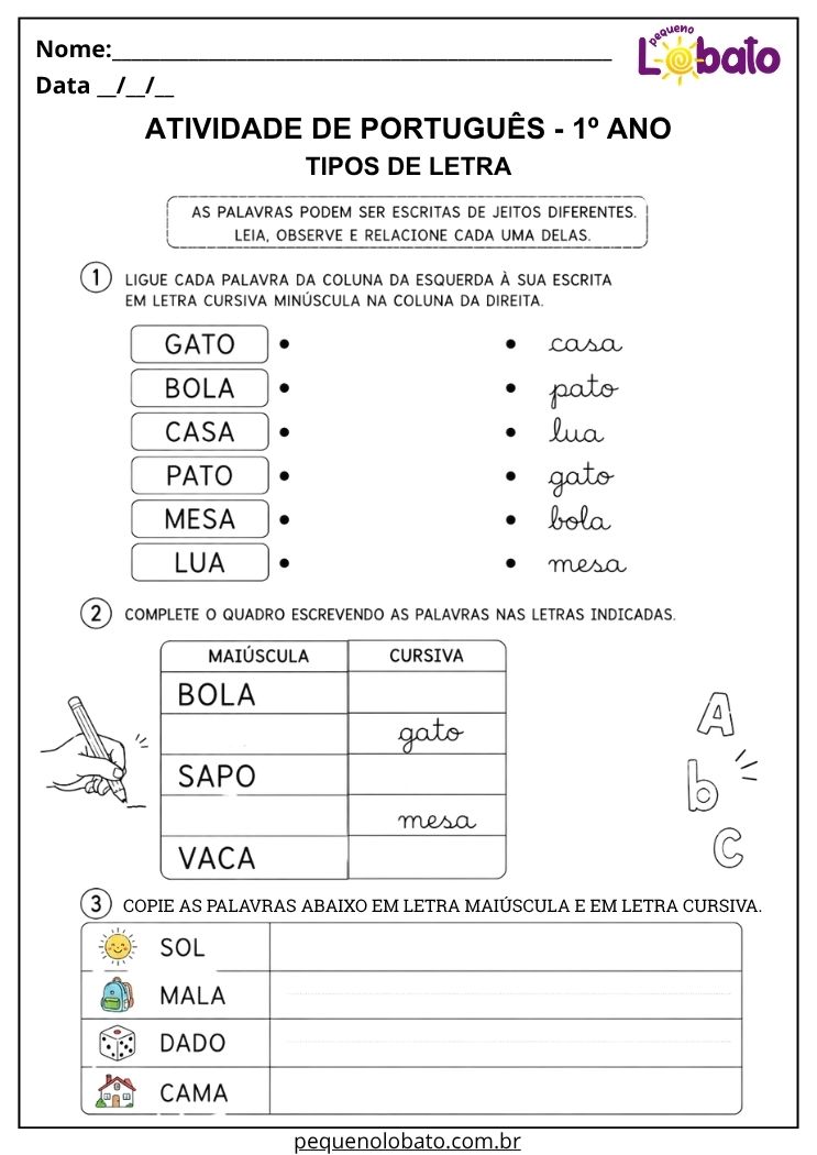 Atividade de Português 1º ano com tipos de letra para reconhecer letra maiúscula, cursiva e bastão