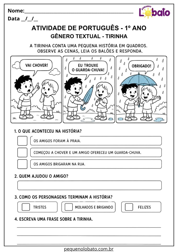 Atividade de Português 1º ano com tirinha sobre chuva e guarda-chuva para interpretar quadrinhos, personagens e acontecimentos