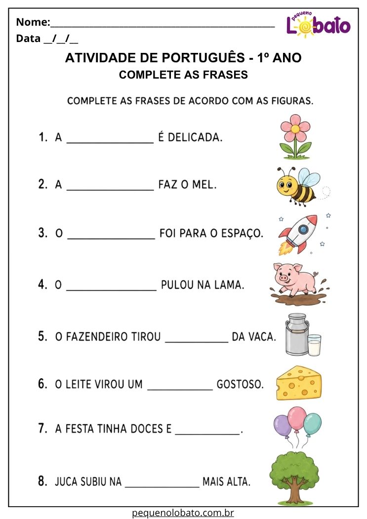 Atividade de Português 1º ano para completar frases com apoio de figuras e reconhecer palavras pelo contexto