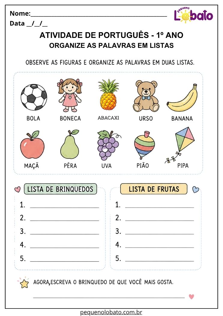 Atividade de Português 1º ano para organizar palavras em lista de brinquedos e lista de frutas