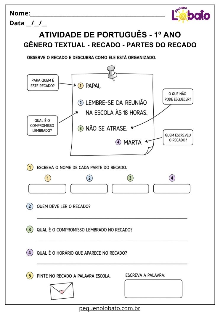Atividade de Português 1º ano sobre as partes do recado para reconhecer destinatário, mensagem, horário e assinatura