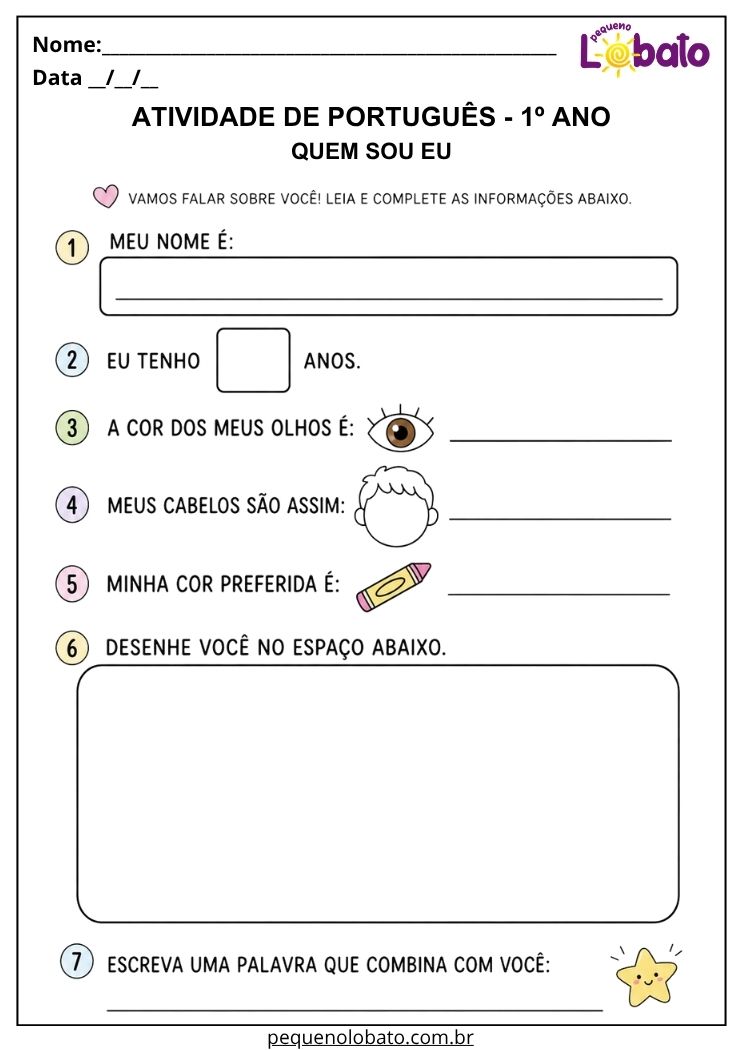 Atividade de Português 1º ano sobre identidade para reconhecer características pessoais e desenvolver autoconhecimento