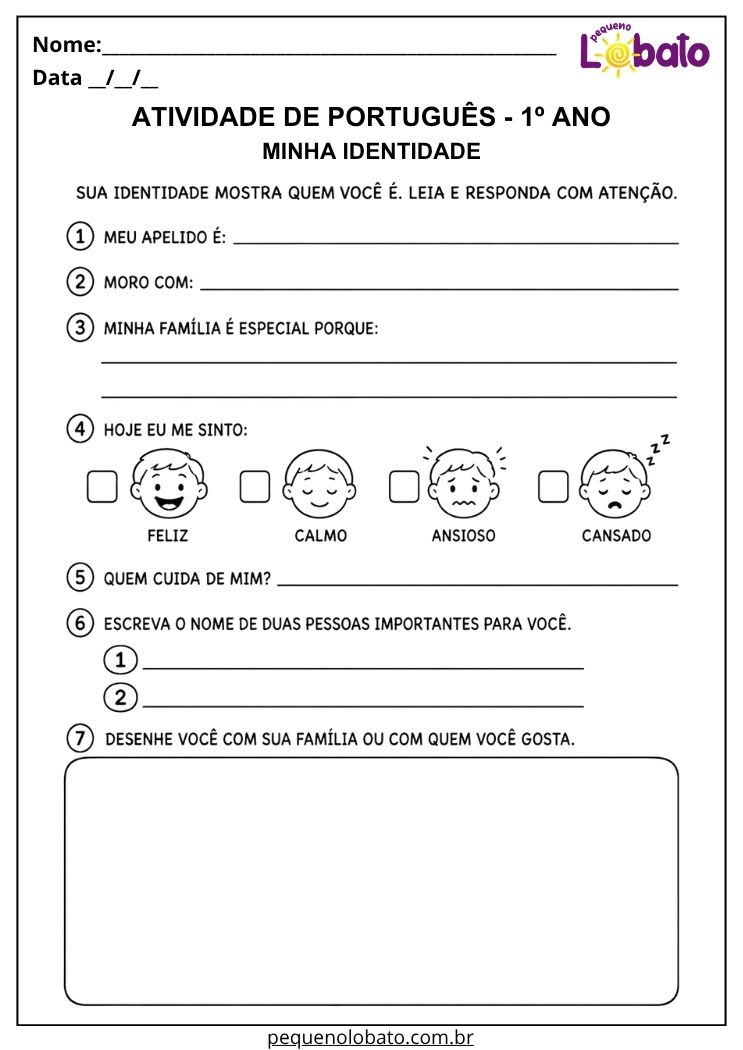 Atividade de Português 1º ano sobre identidade para reconhecer sentimentos, vínculos familiares e informações pessoais