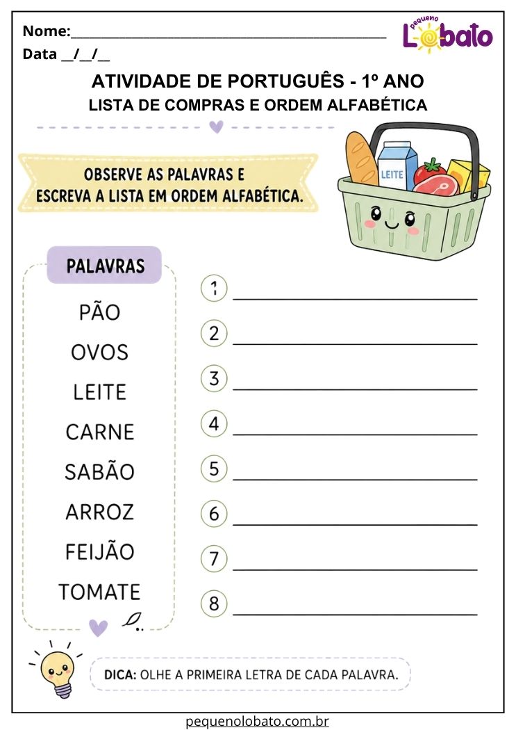 Atividade de português 1º ano com lista de compras e ordem alfabética para desenvolver leitura e organização de palavras