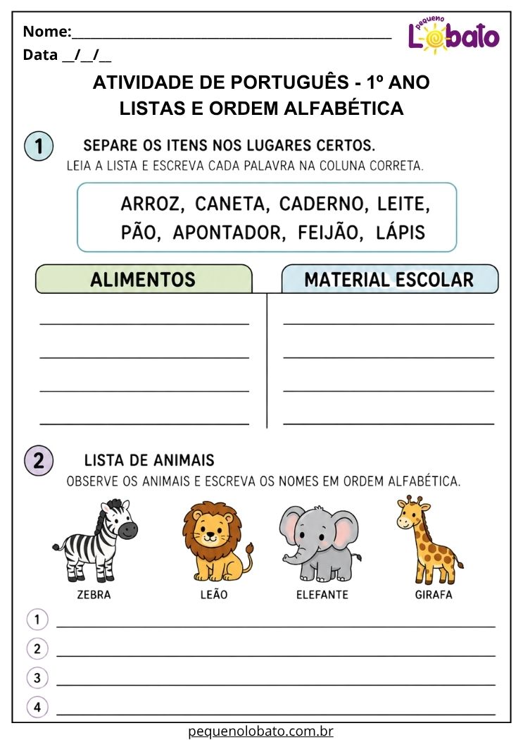Atividade de português 1º ano com listas e ordem alfabética para classificar palavras e ampliar o vocabulário