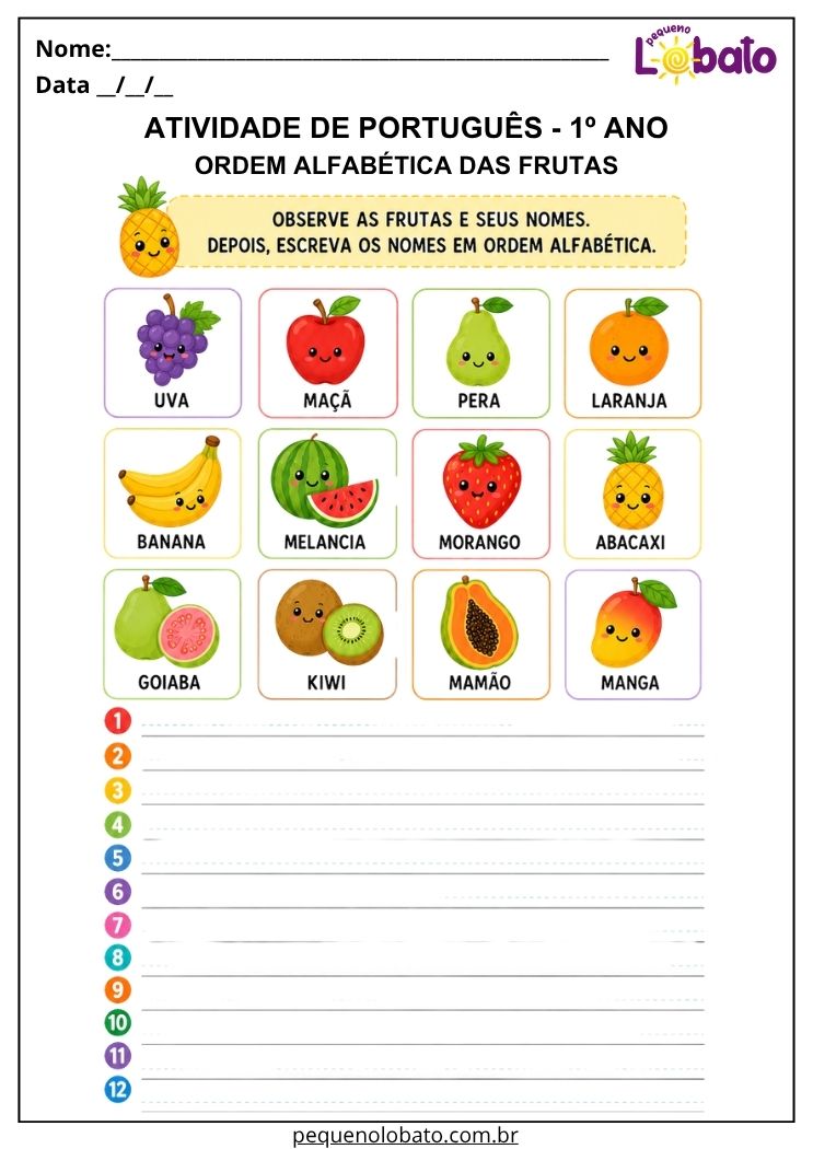 Atividade de português 1º ano com ordem alfabética das frutas para desenvolver vocabulário e sequência alfabética