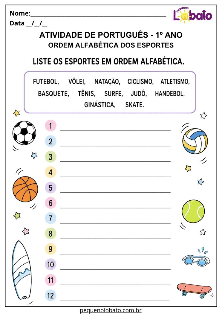 Atividade de português 1º ano com ordem alfabética dos esportes para estimular atenção e reconhecimento das letras iniciais