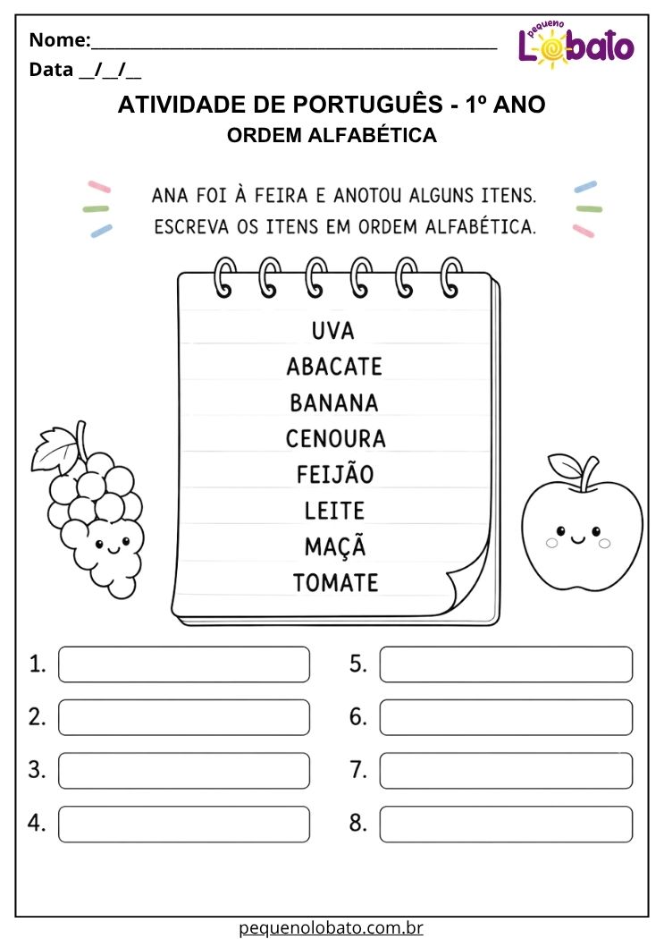 Atividade de português 1º ano com ordem alfabética para organizar palavras e reconhecer a sequência das letras