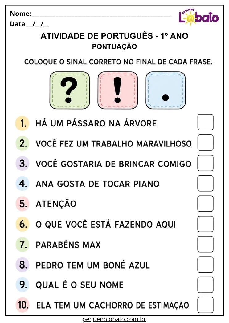 Atividade de português 1º ano com pontuação de frases para desenvolver leitura e reconhecer afirmações, perguntas e exclamações